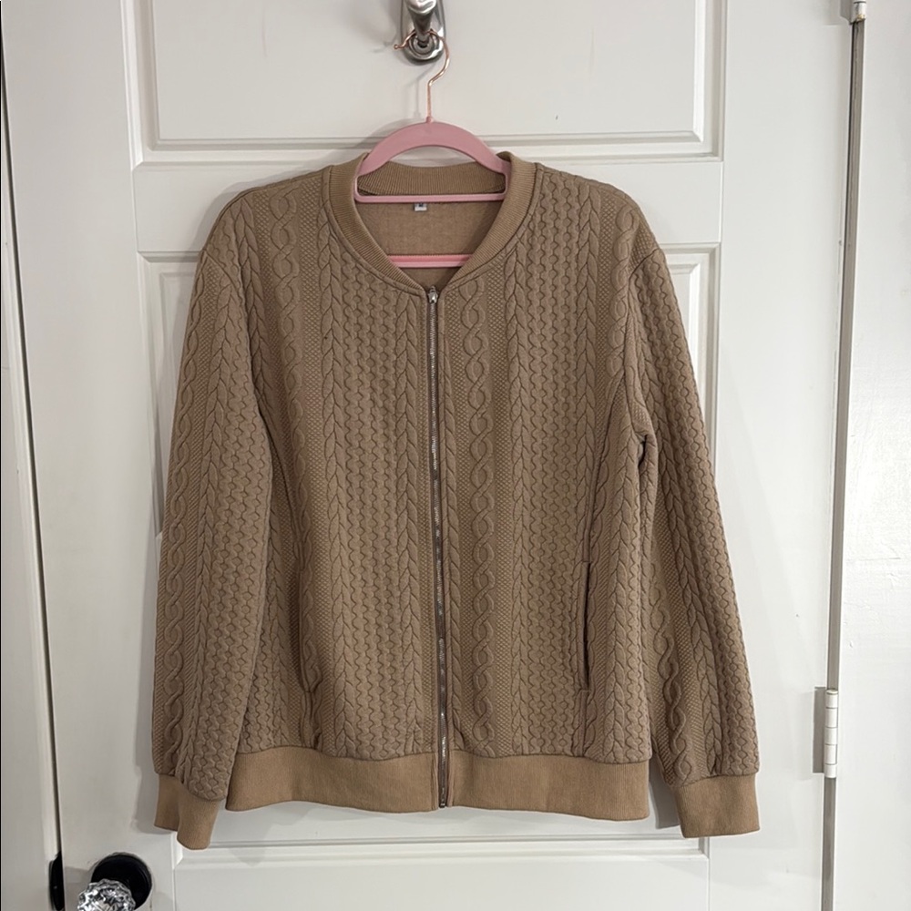 Tan Cable Knit Bomber Jacket